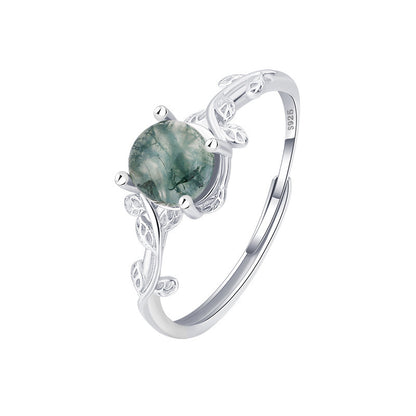 S925 Silver Green Moss Ring Water Plants Agate Stone Finger Ring